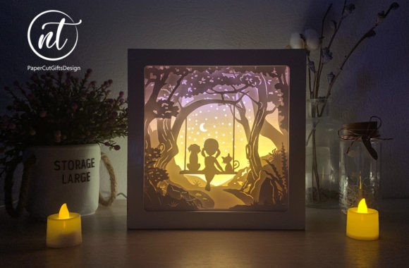 Girl with Cat and Dog Swinging: 3D SVG Shadow Boxes