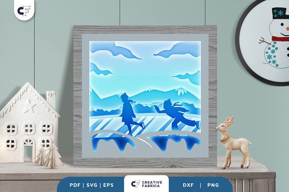 Winter 3D SVG: Ice Skating in the Lake Shadow Box